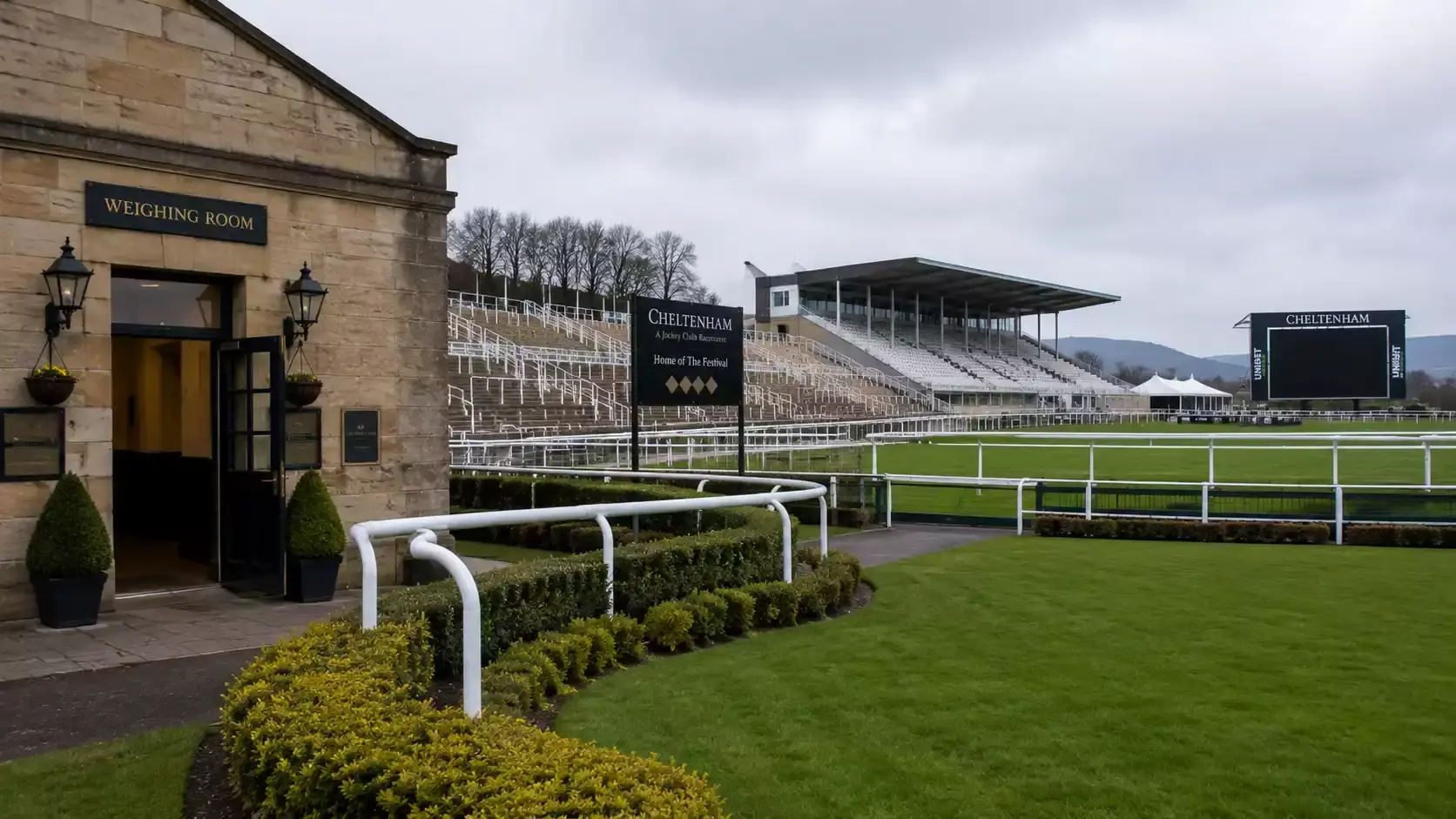 A weighing room scene at a UK racecourse weeks before a major Festival meeting