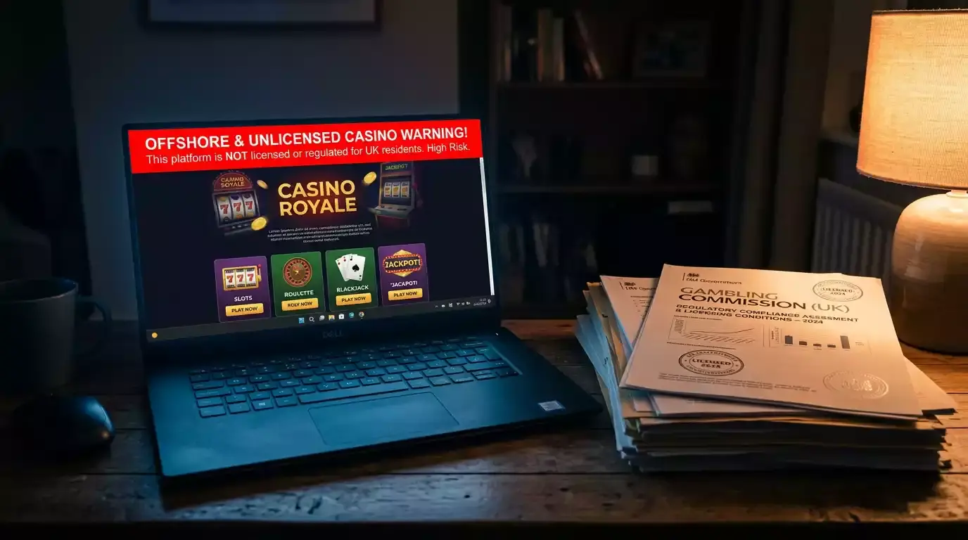 A laptop screen displaying an unlicensed offshore gambling site warning beside UK regulatory documents