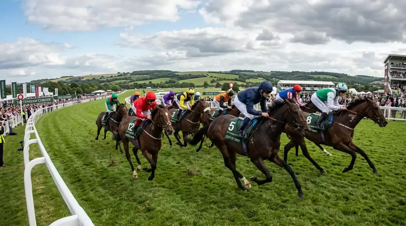 Runners rounding Tattenham Corner during the Epsom Derby with the Surrey downland behind them