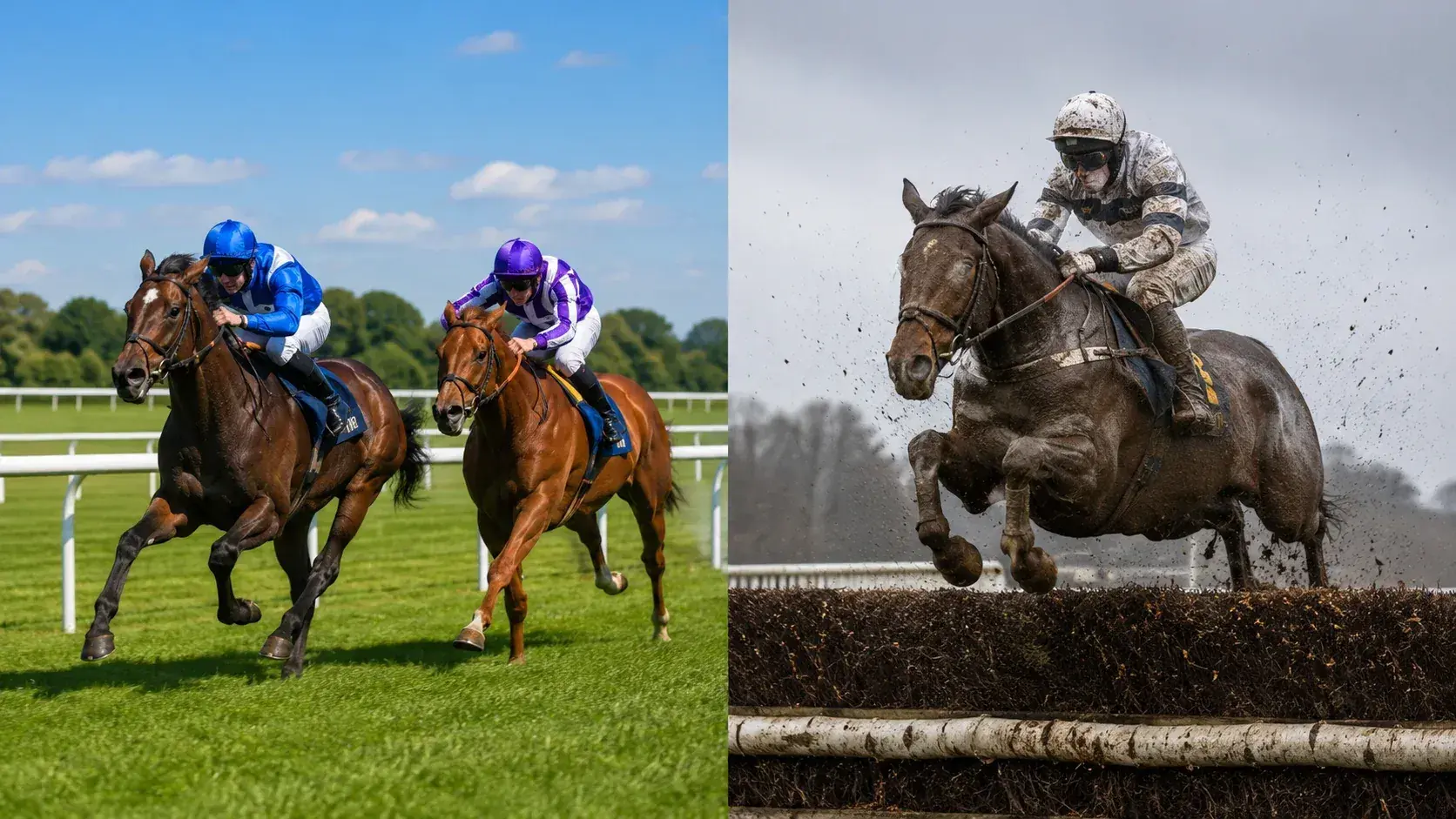 Split view of flat racing on turf and National Hunt steeplechase jumping over fences