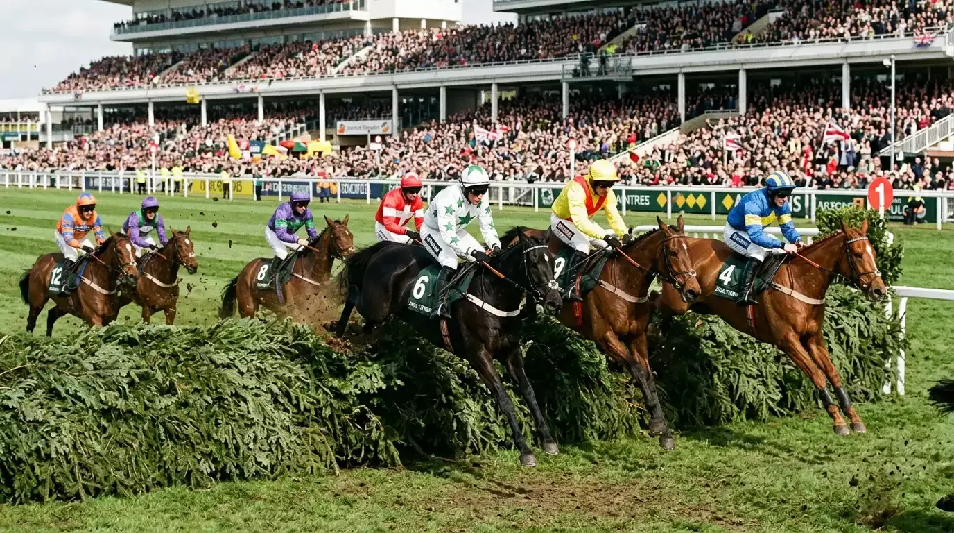 The runners take a fence at Aintree during the Grand National with a packed crowd in the stands behind