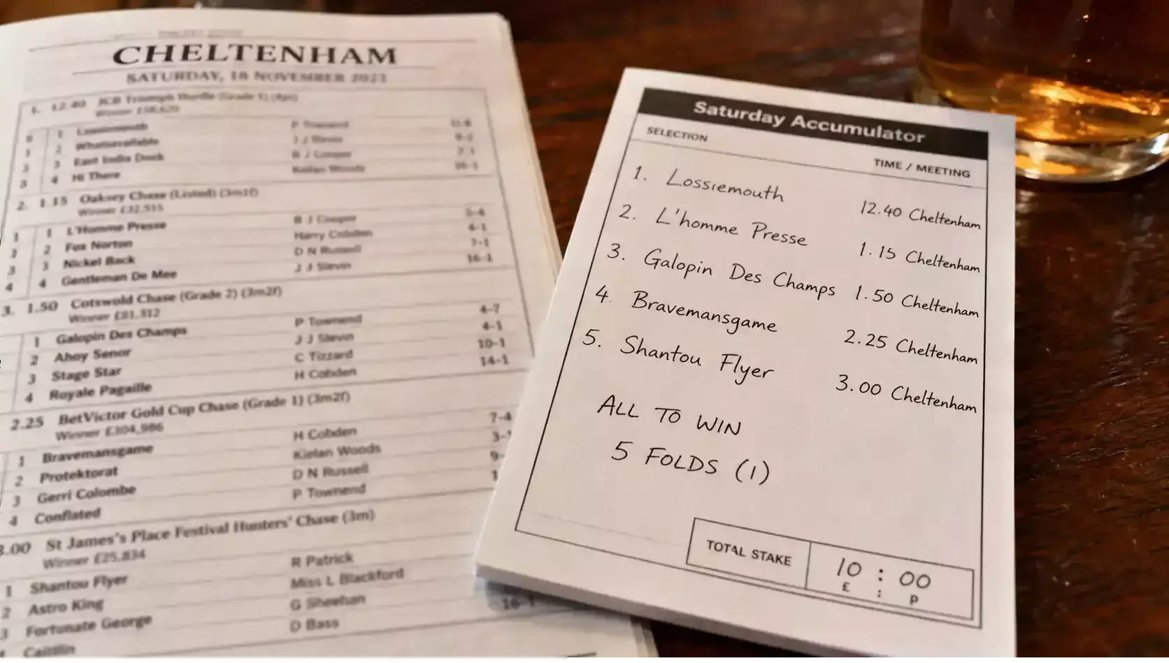 A multi-line accumulator betting slip beside a Saturday card from a UK horse racing meeting