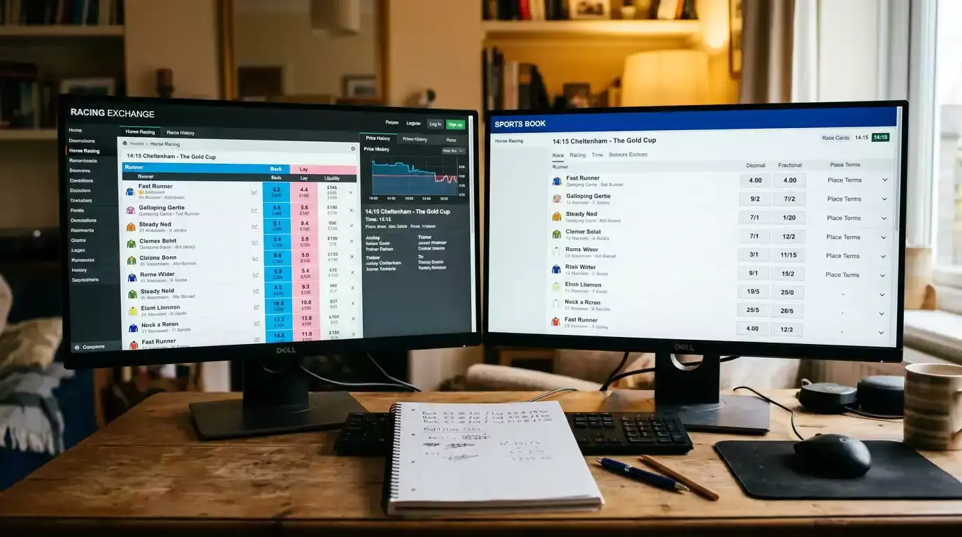 A split-screen view of a betting exchange interface and a traditional bookmaker site showing a UK horse racing market