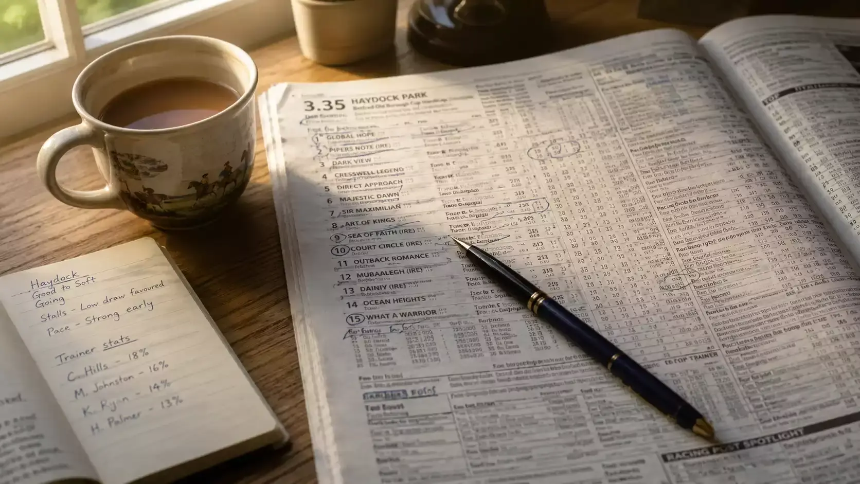 Analytical breakdown of horse racing form data, value odds identification and bankroll staking methods