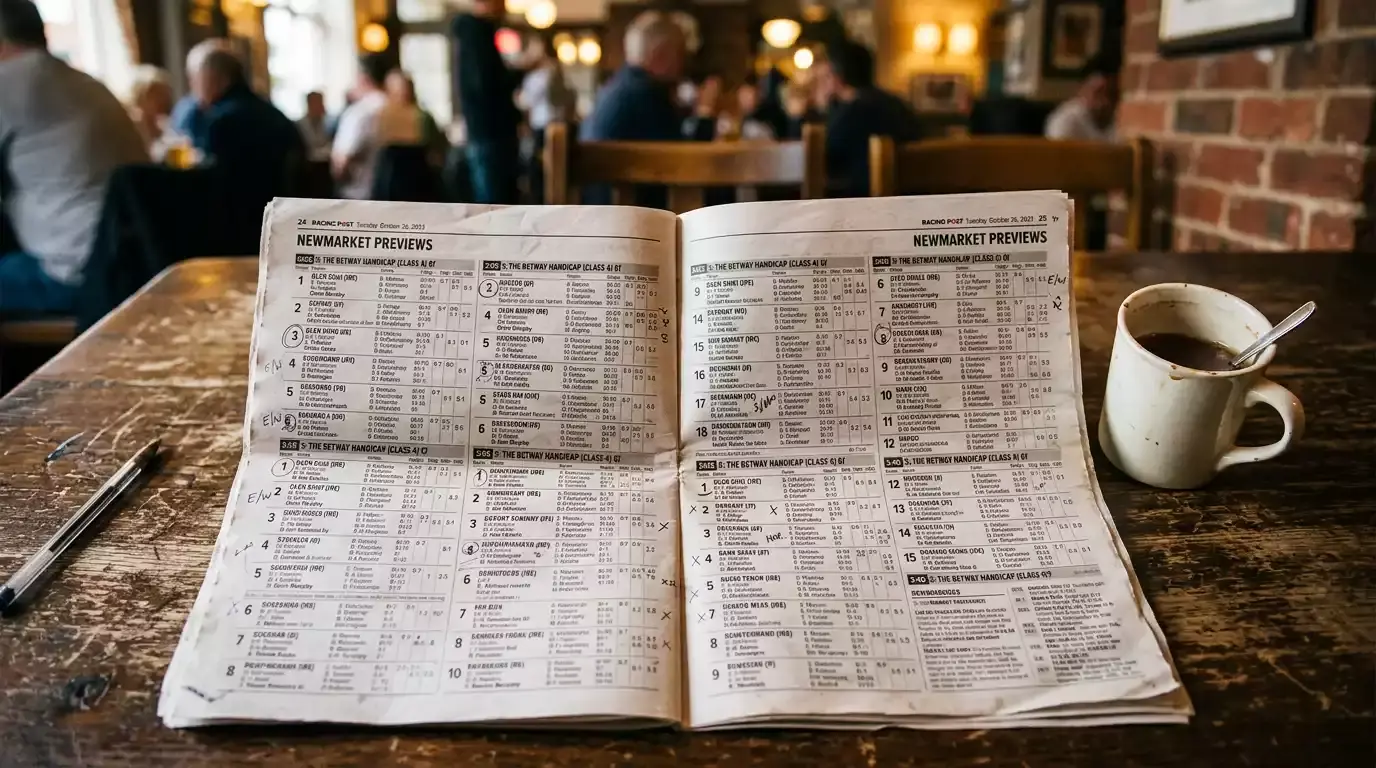 A close-up of a Racing Post page with horse racing betting terminology and form annotations