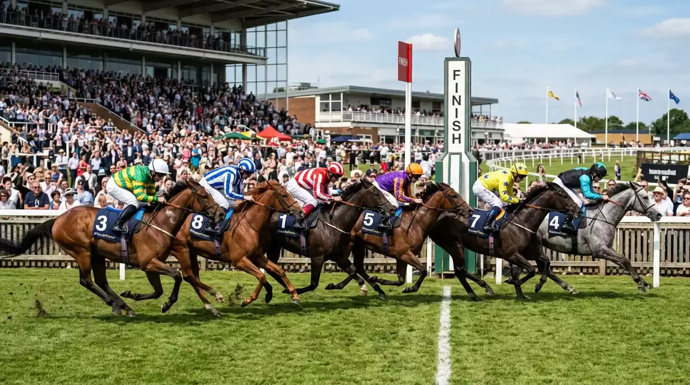 A photo finish of a UK handicap race with six horses crossing the line in close order