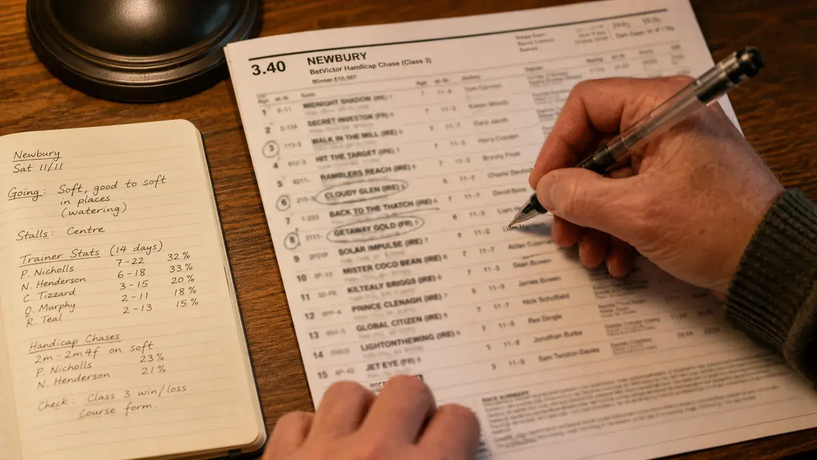 Punter studying a horse racing form guide and racecard with notes and a pen