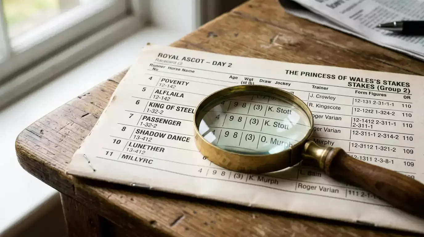 A close-up of a UK racecard showing form figures, weights and ratings beside a magnifying glass