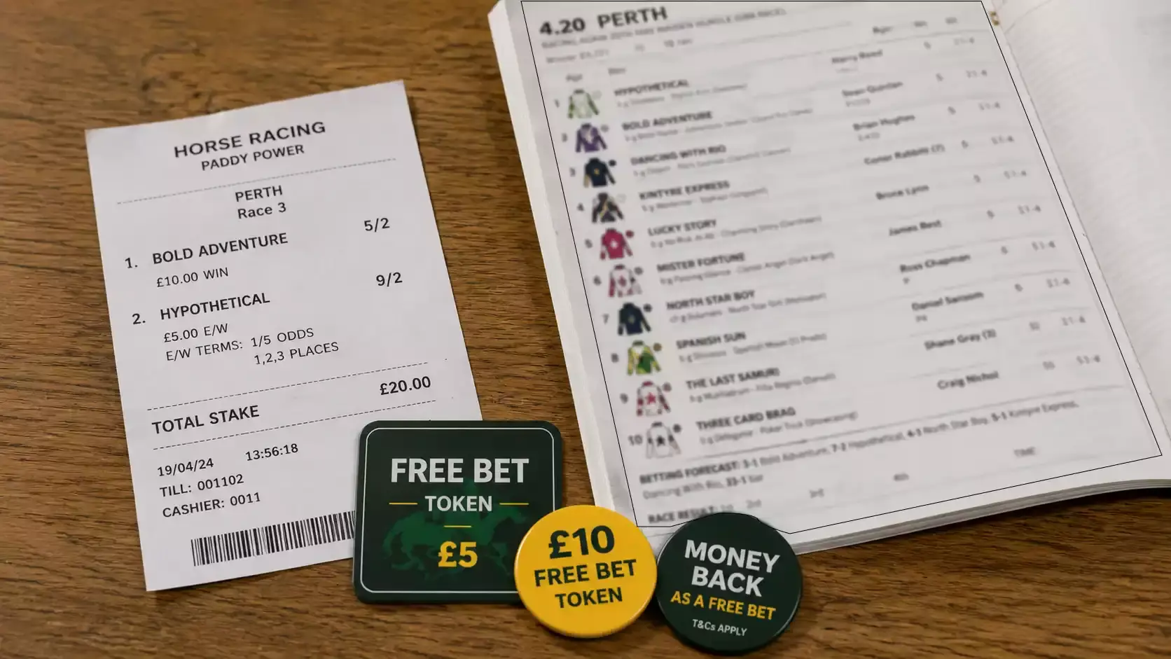 A betting slip and tokens beside a racecard for a UK horse racing meeting