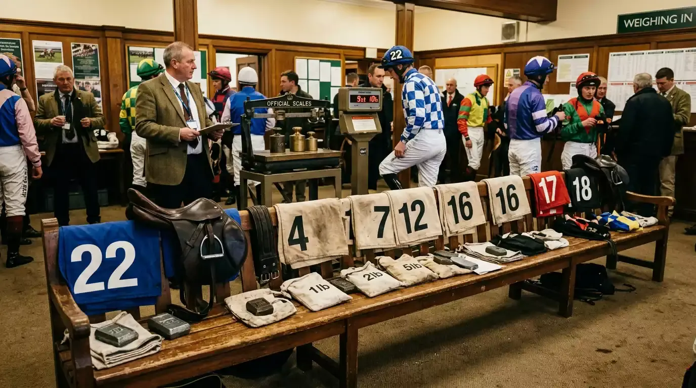 A racecourse weighing room with weight cloths being prepared for runners in a UK handicap race
