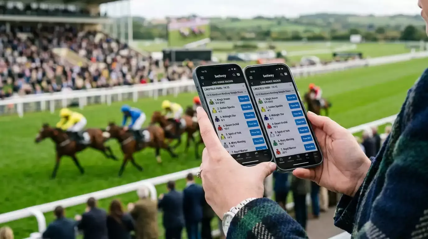 A smartphone screen showing live in-play horse racing odds updating during a race at a UK meeting