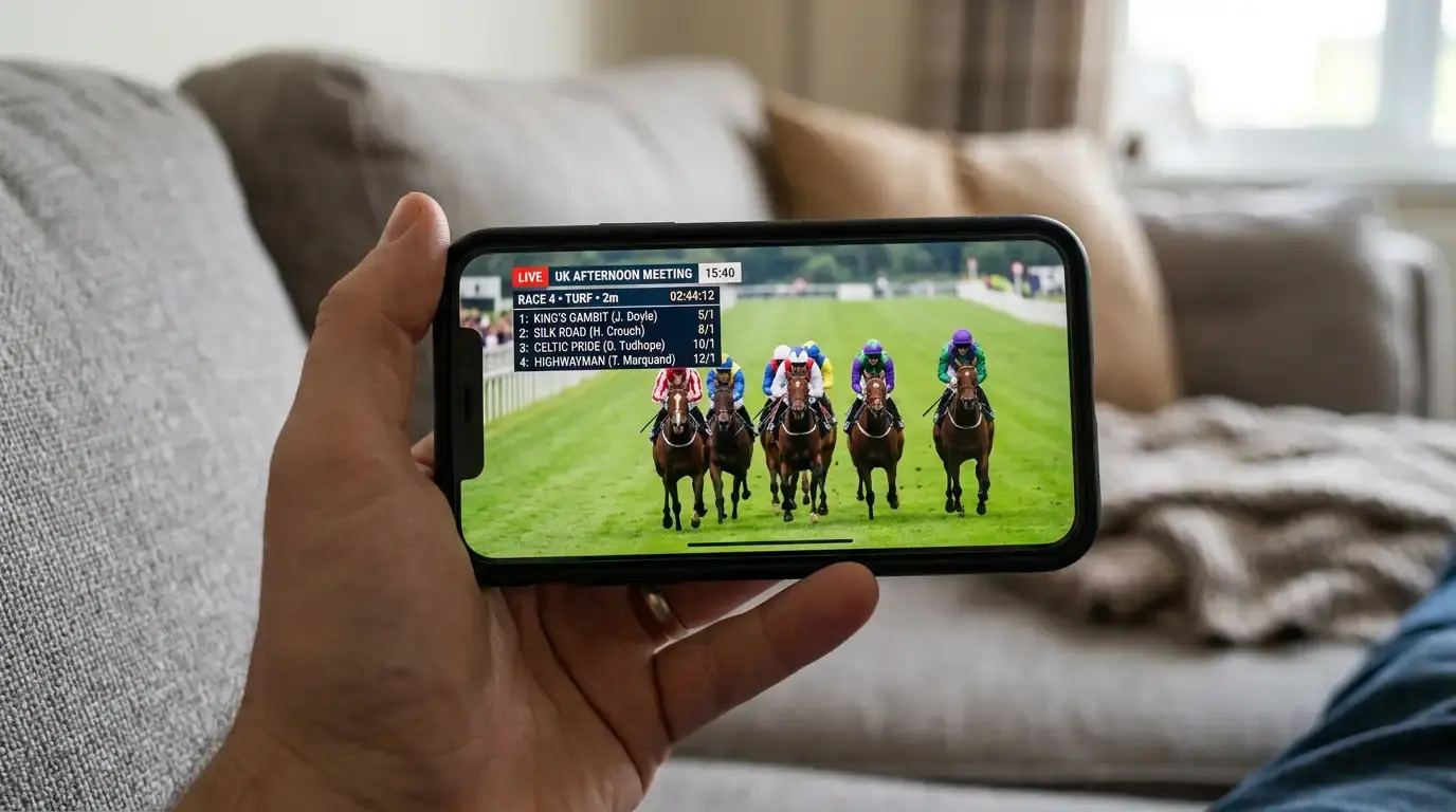 A phone screen showing a live horse racing stream on a bookmaker app during a UK afternoon meeting