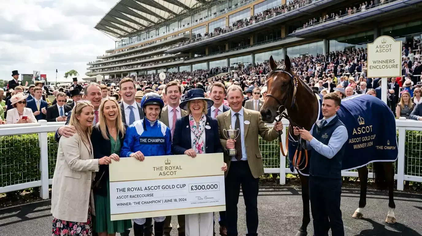 A winning connections team holding an oversized prize money cheque after a feature race at a UK course