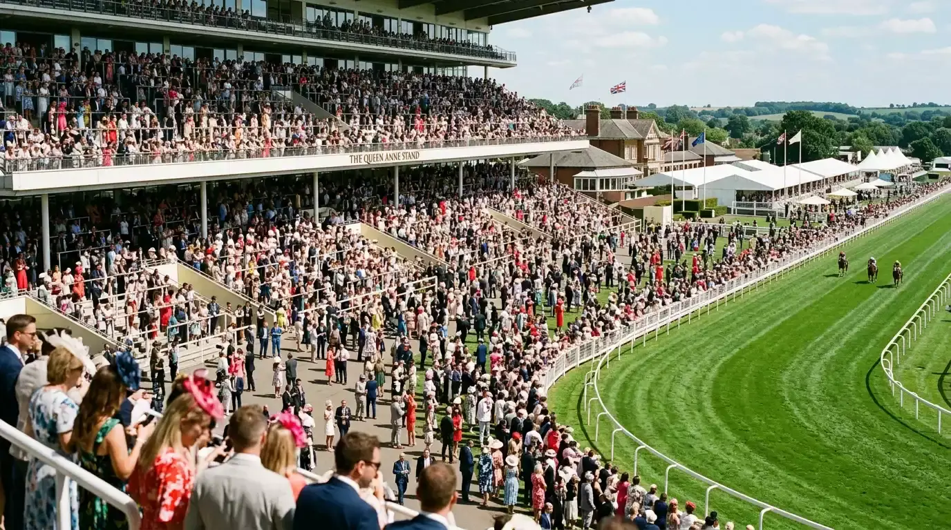 A packed UK racecourse grandstand on a sunny afternoon during a major Flat racing fixture