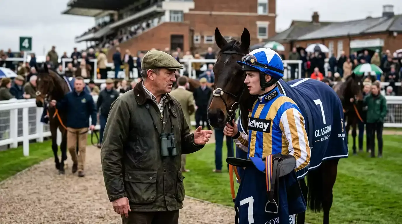 A trainer and jockey conferring in the parade ring before a race at a UK racecourse