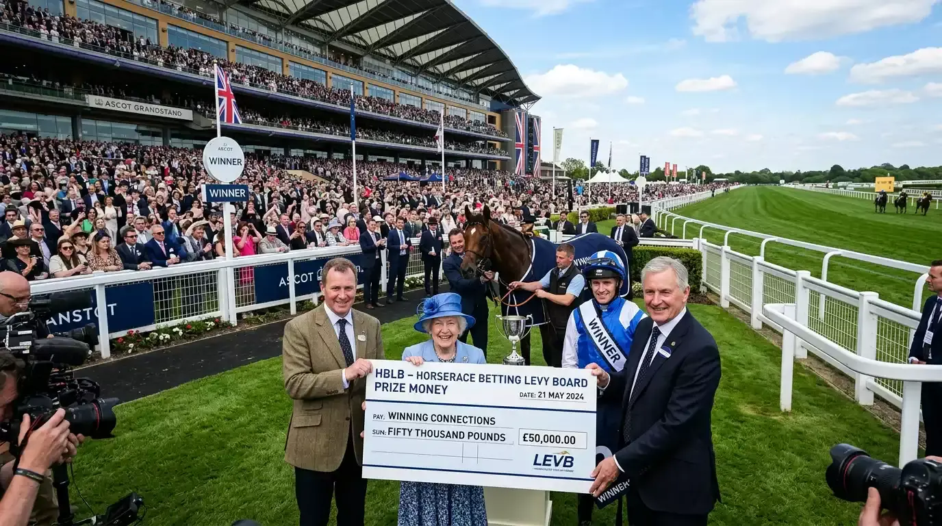 A UK racecourse winners enclosure with prize money cheque being presented after a feature race