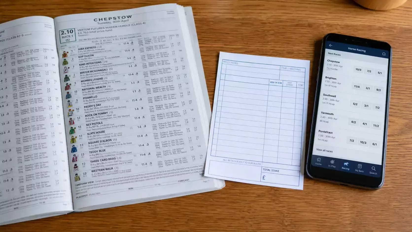 A racecard and betting slip laid out alongside a phone showing a UK bookmaker