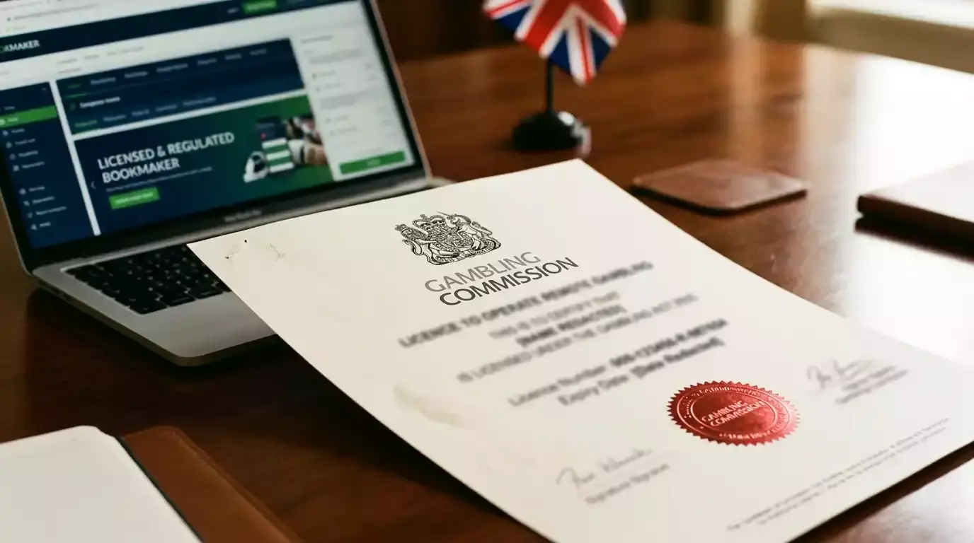 A UK Gambling Commission licence document beside a laptop displaying a regulated bookmaker website