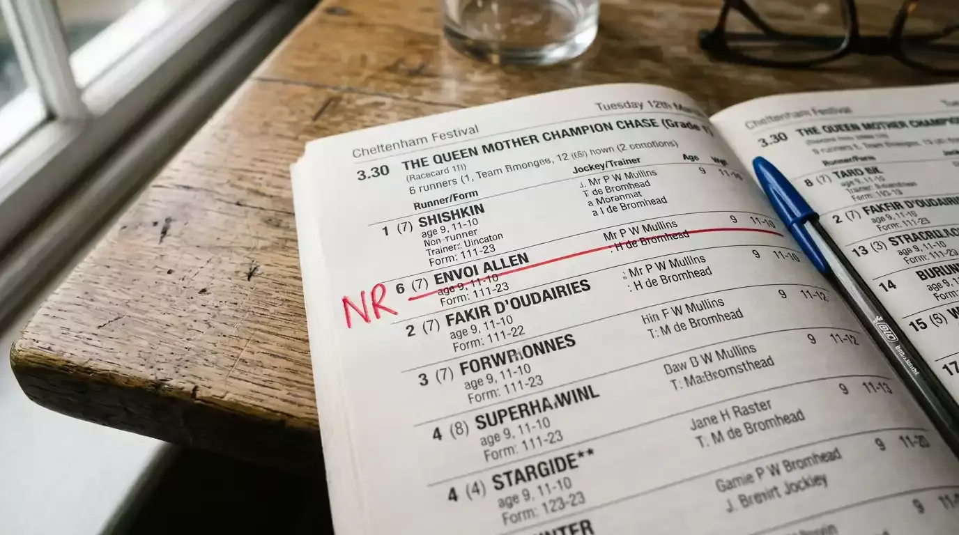 A racecard with a horse marked NR alongside a settled betting slip showing a refunded stake