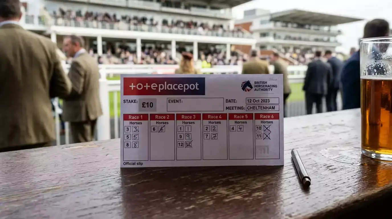 A Tote Placepot betting slip with selections marked across six races at a UK afternoon meeting