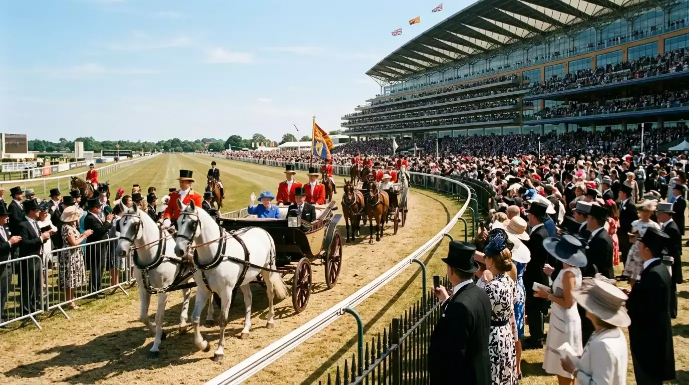 The Royal Procession passing the stands at Royal Ascot before the start of an afternoon