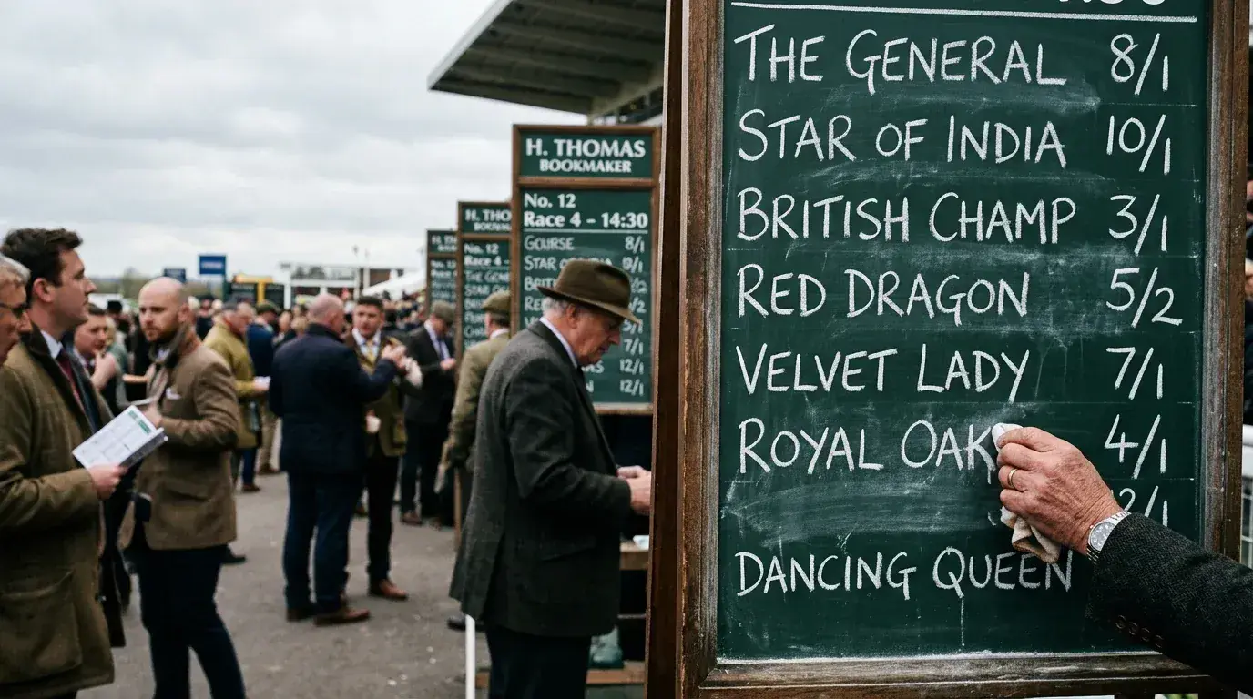 Horse racing odds board at a UK racecourse showing fractional prices for runners