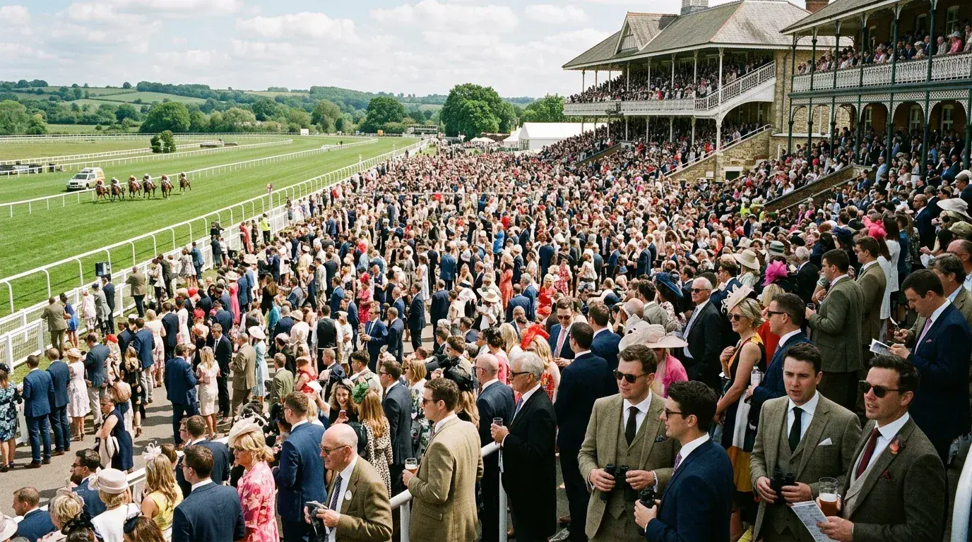 Crowd gathered around the betting ring at a major UK horse racing festival